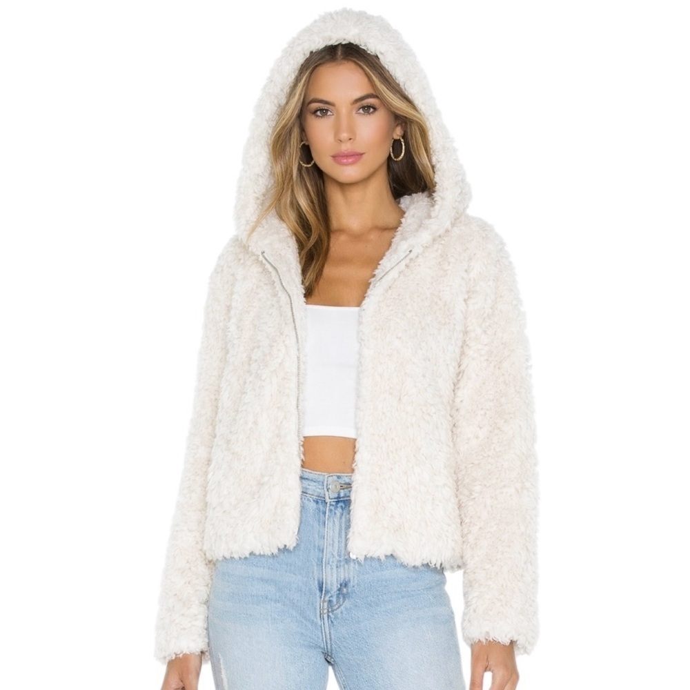 Avec Les Filles Faux Shearling Zip Front Hooded Jacket Off White Size S